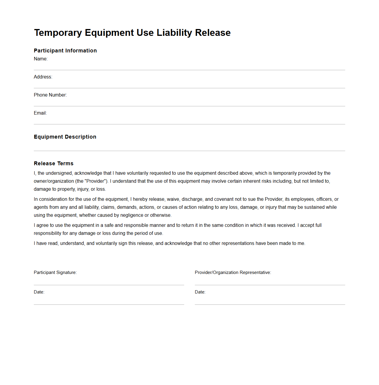 Temporary Equipment Use Liability Release Sample
