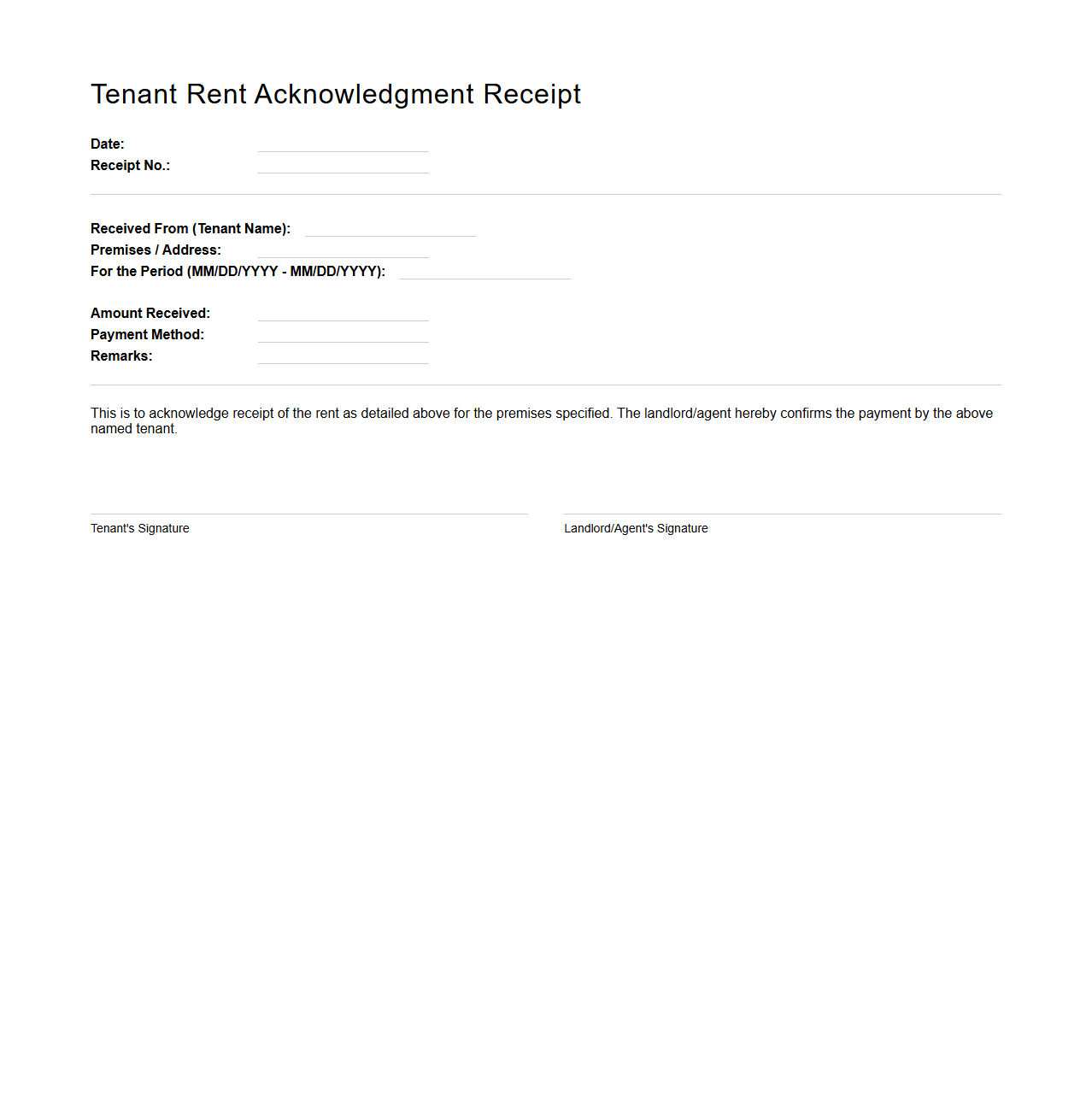 Tenant Rent Acknowledgment Receipt Sample