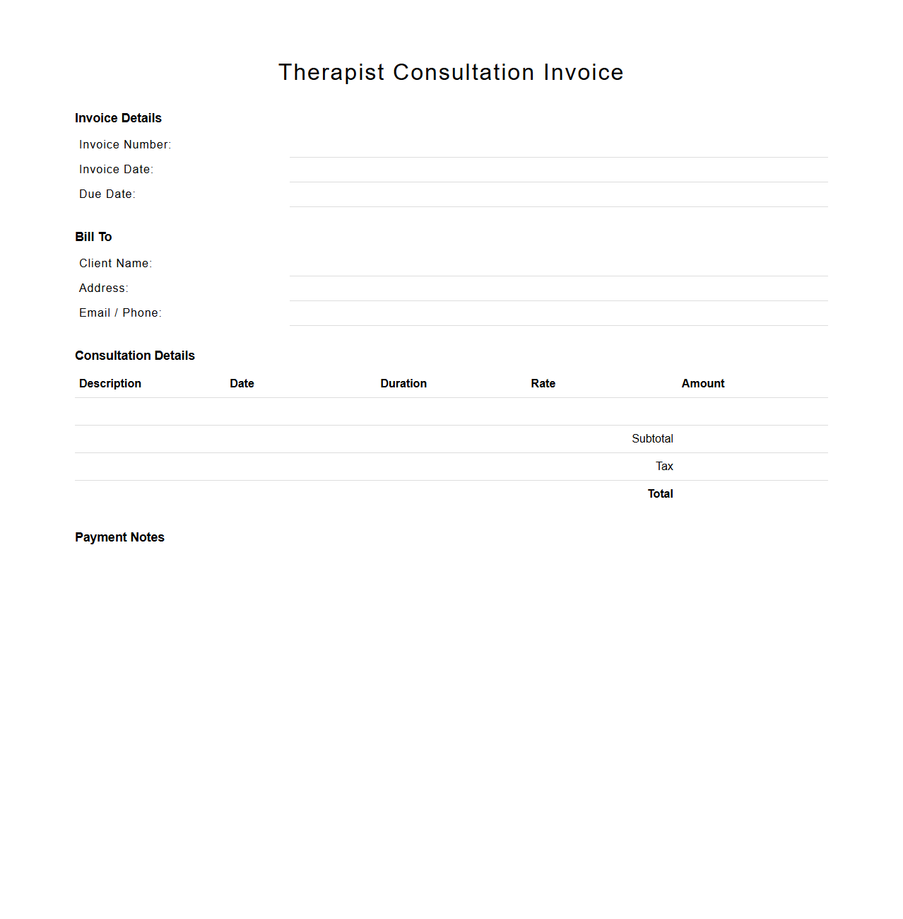 Therapist Consultation Blank Invoice