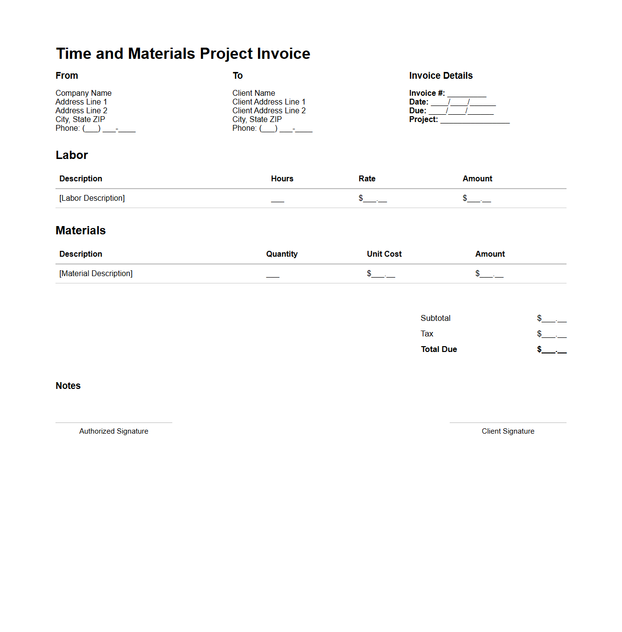 Time and Materials Project Invoice