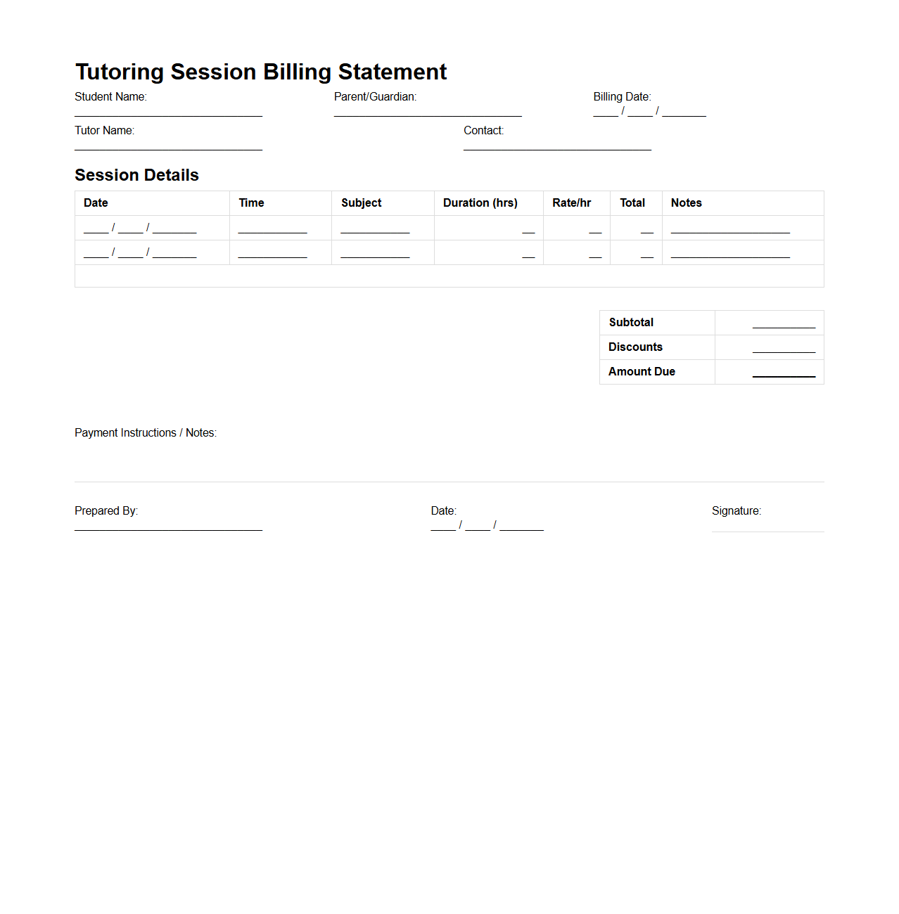 Tutoring Session Billing Statement Template