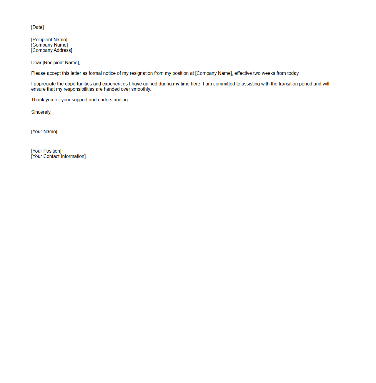 Two Weeks' Notice Blank Letter Template