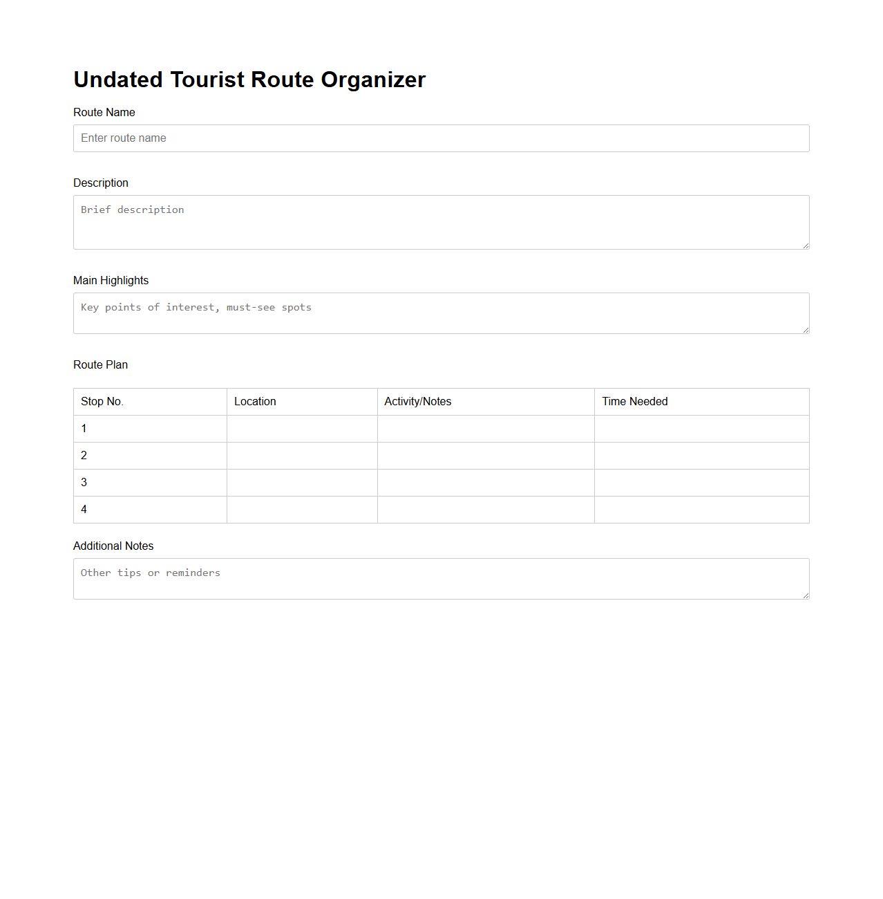 Undated Tourist Route Organizer