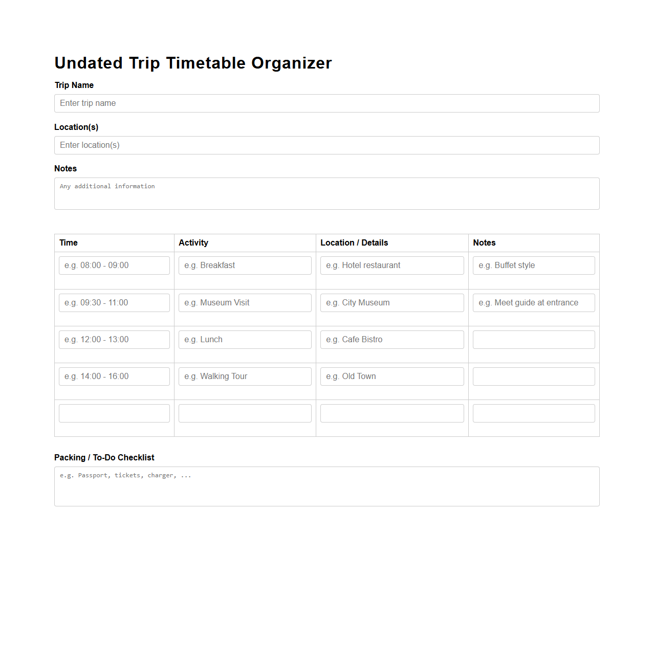 Undated Trip Timetable Organizer