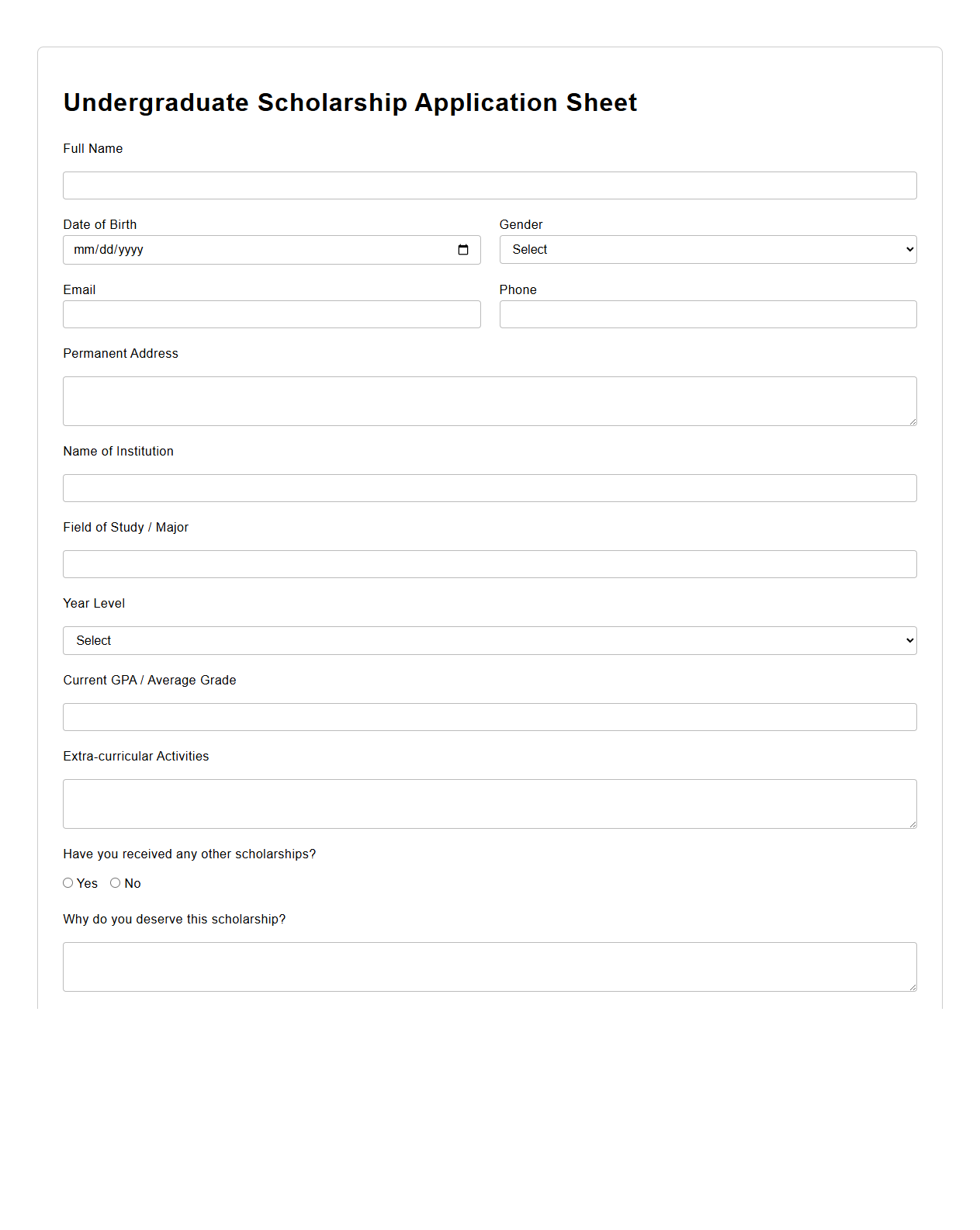 Undergraduate Scholarship Application Sheet