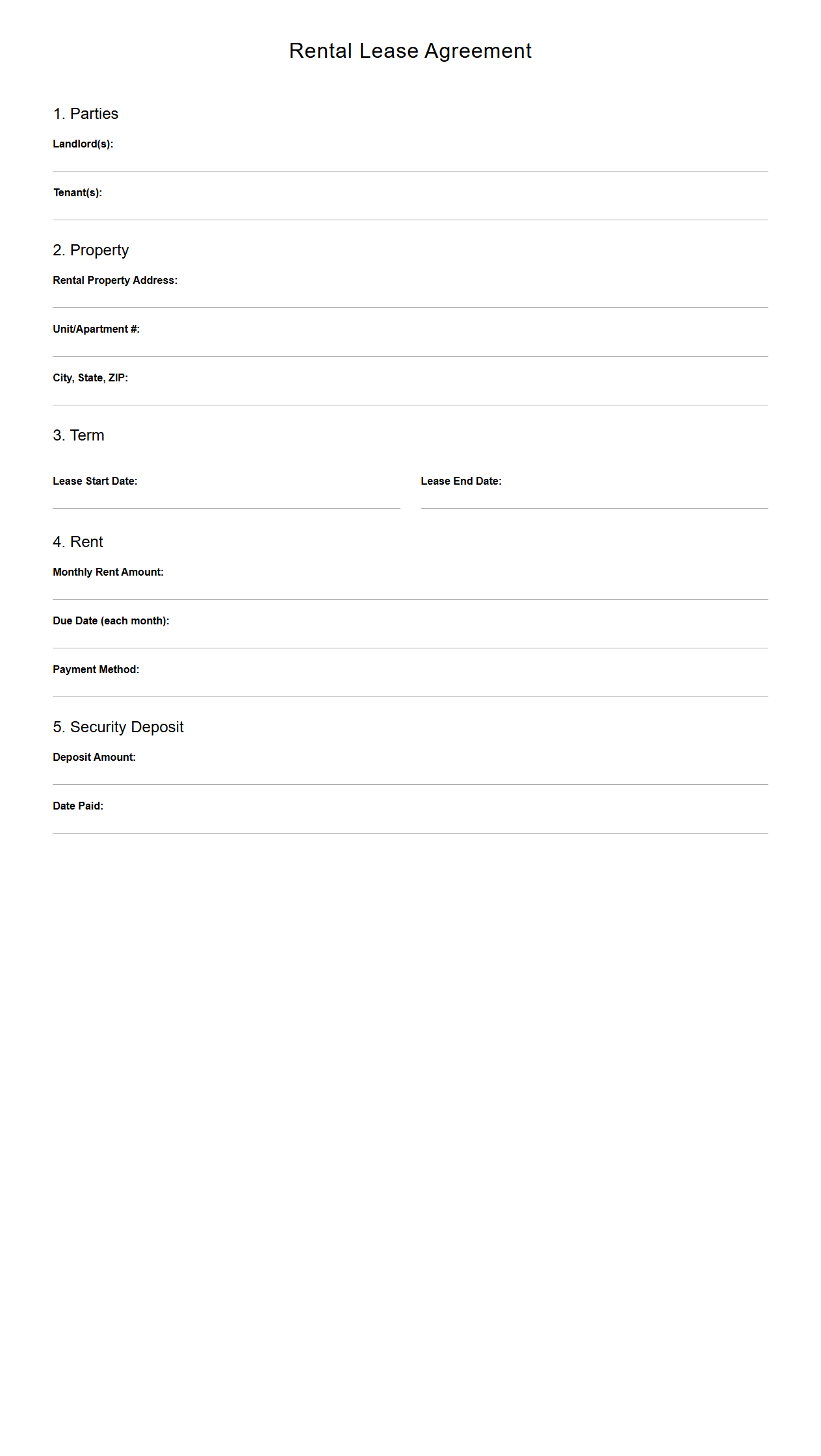 Unfilled Rental Lease Agreement for Tenants