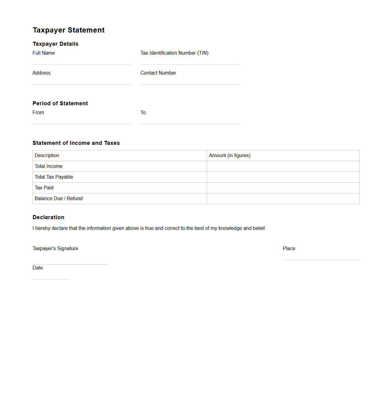 Unfilled Taxpayer Statement Format