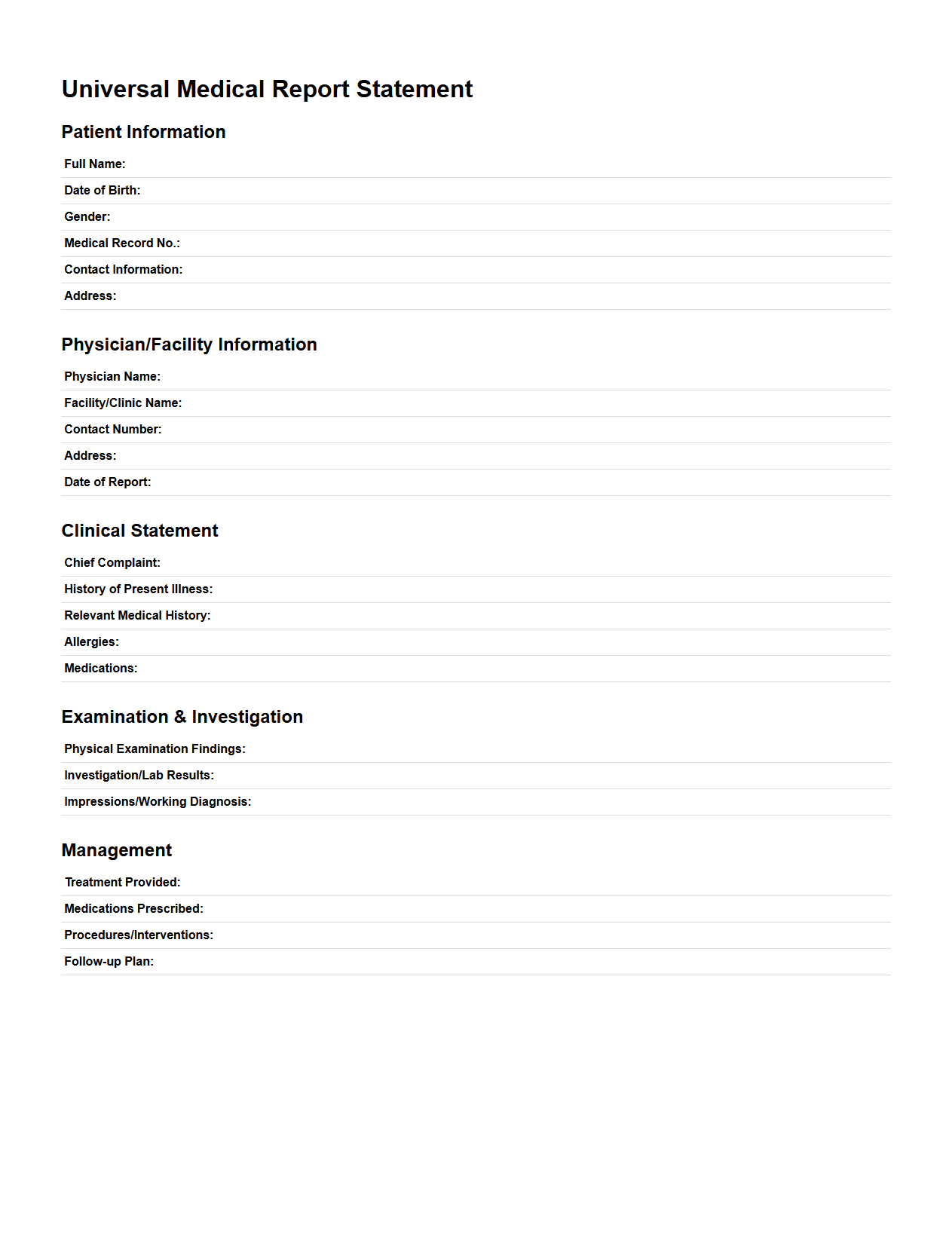 Universal Medical Report Statement Outline