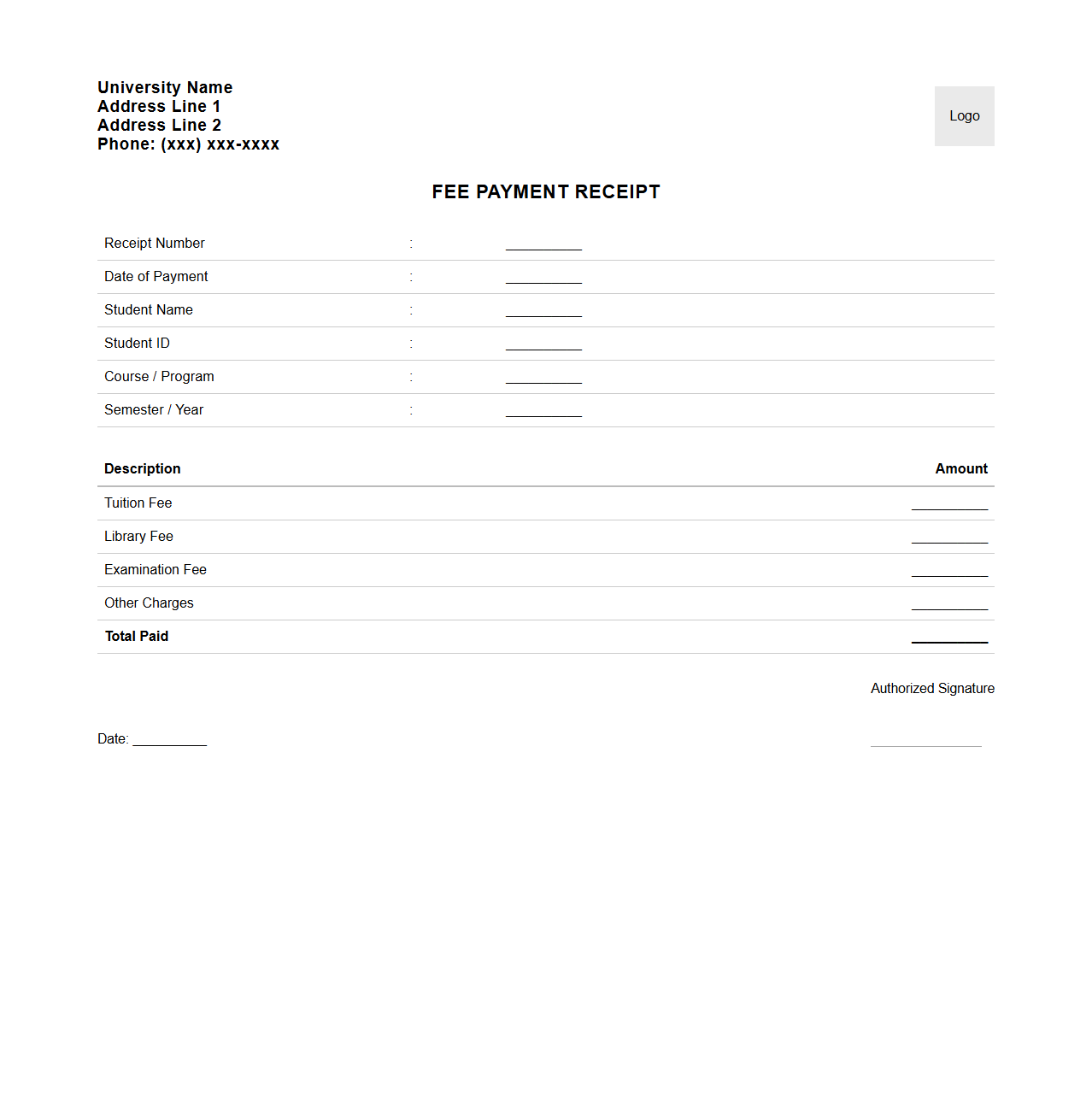 University Fee Payment Receipt Template