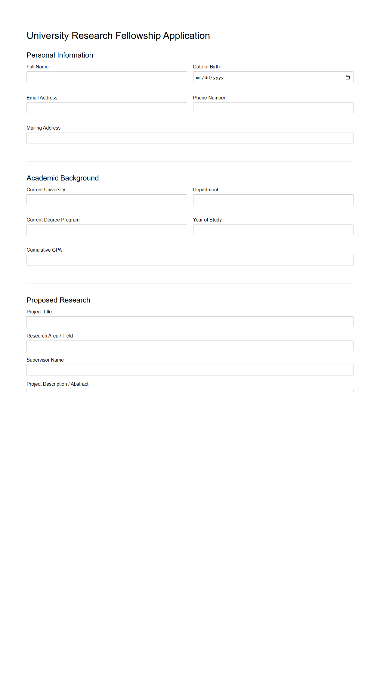 University Research Fellowship Blank Application Outline