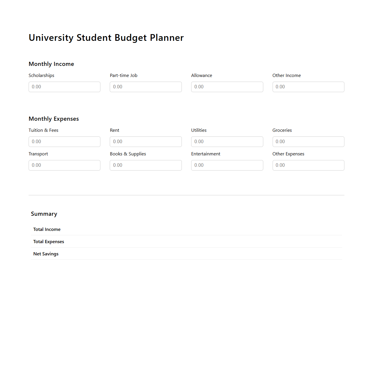 University Student Budget Planner