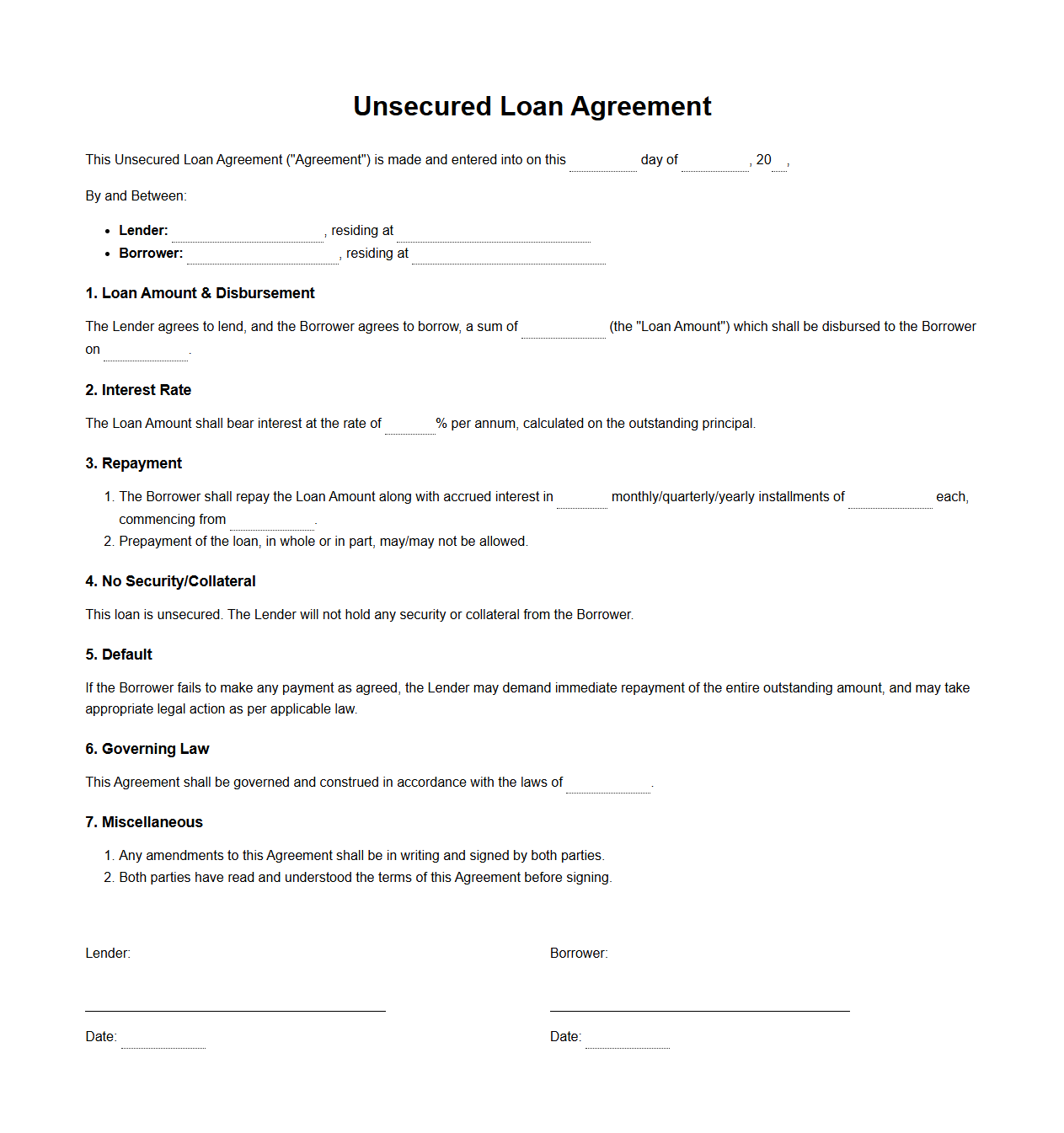 Unsecured Loan Agreement Format
