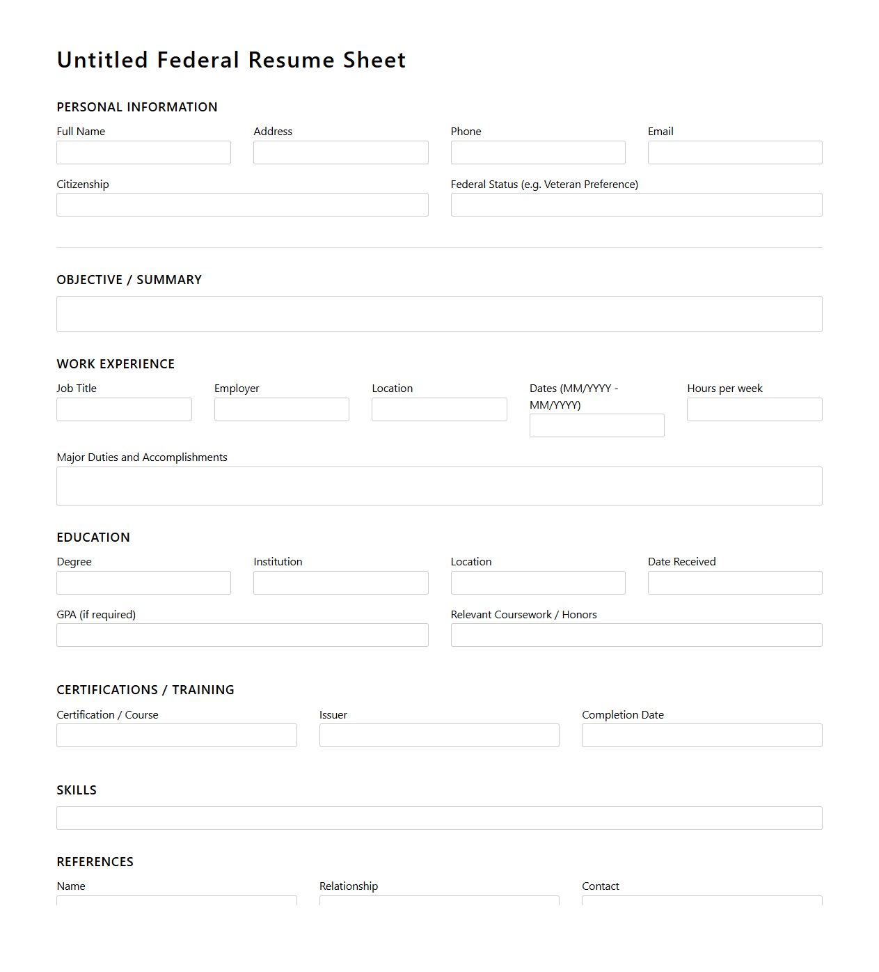 Untitled Federal Resume Sheet for Public Sector Jobs