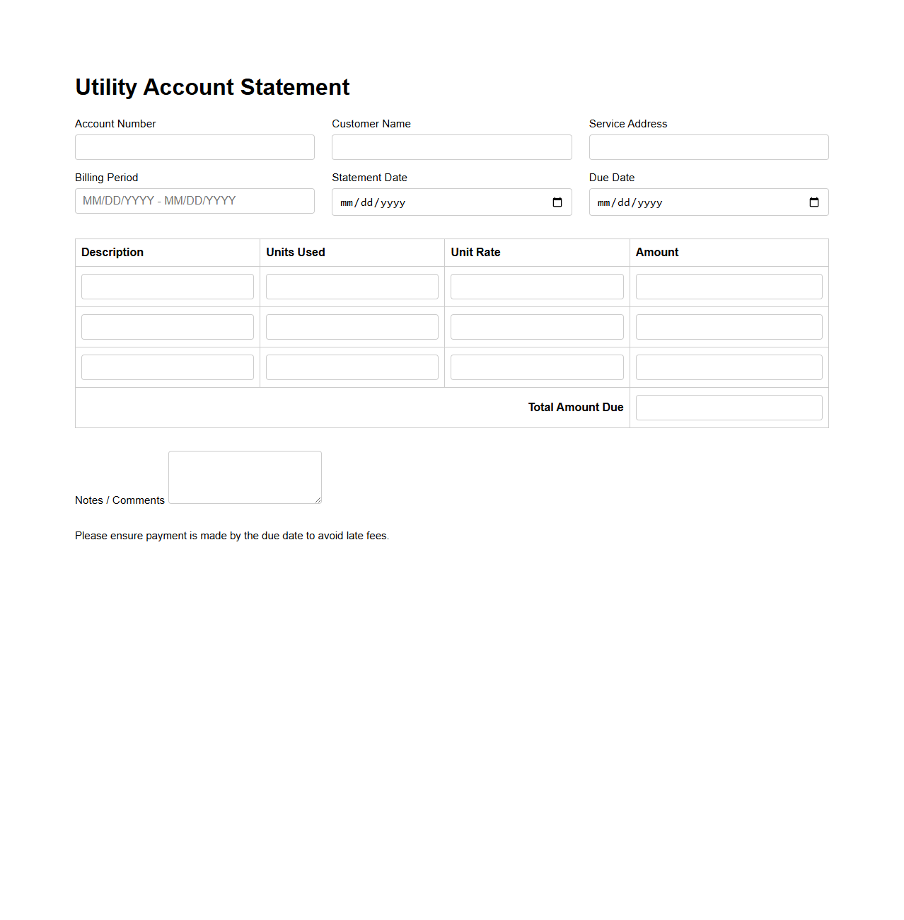 Utility Account Statement Form