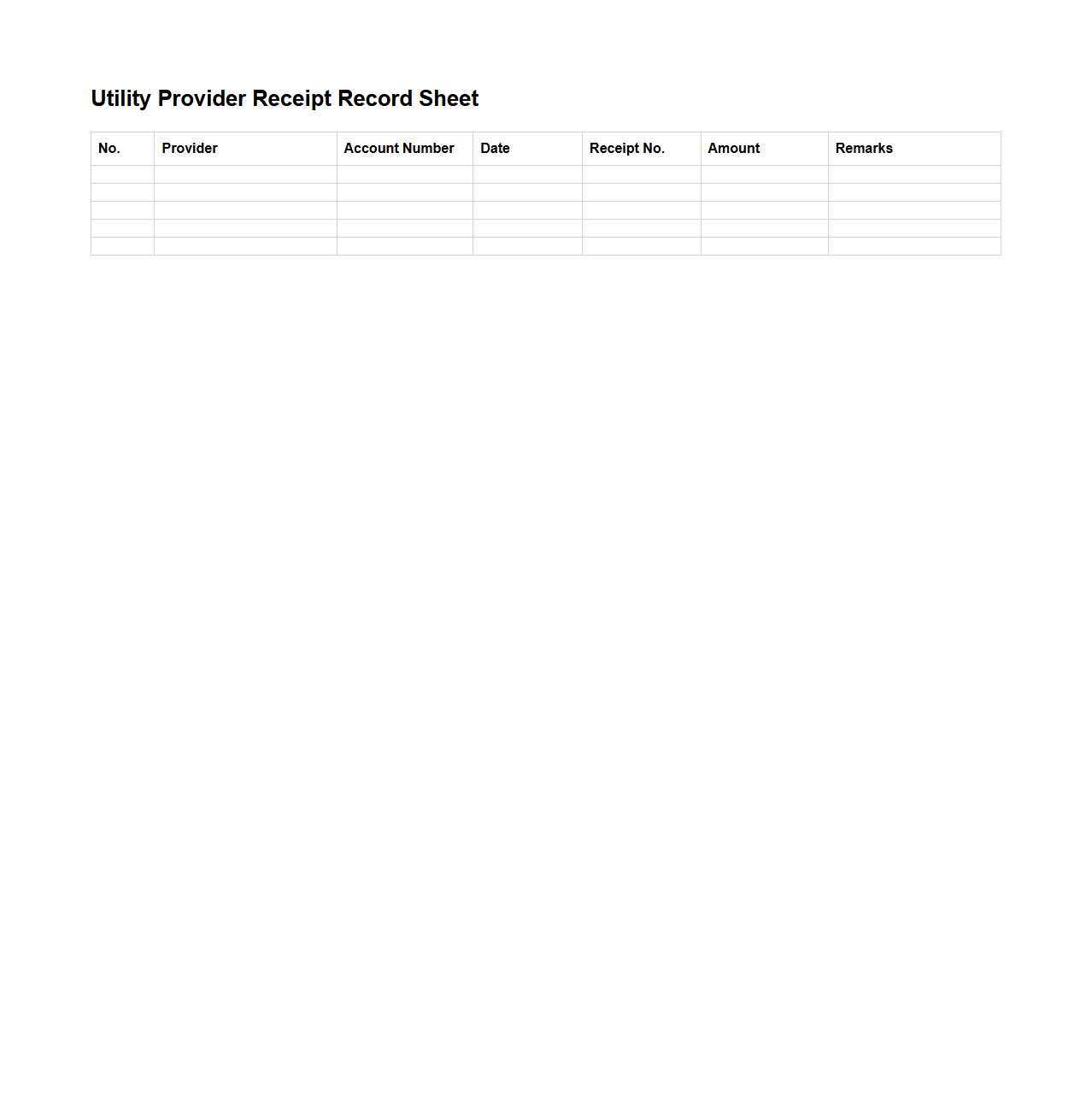 Utility Provider Receipt Record Sheet