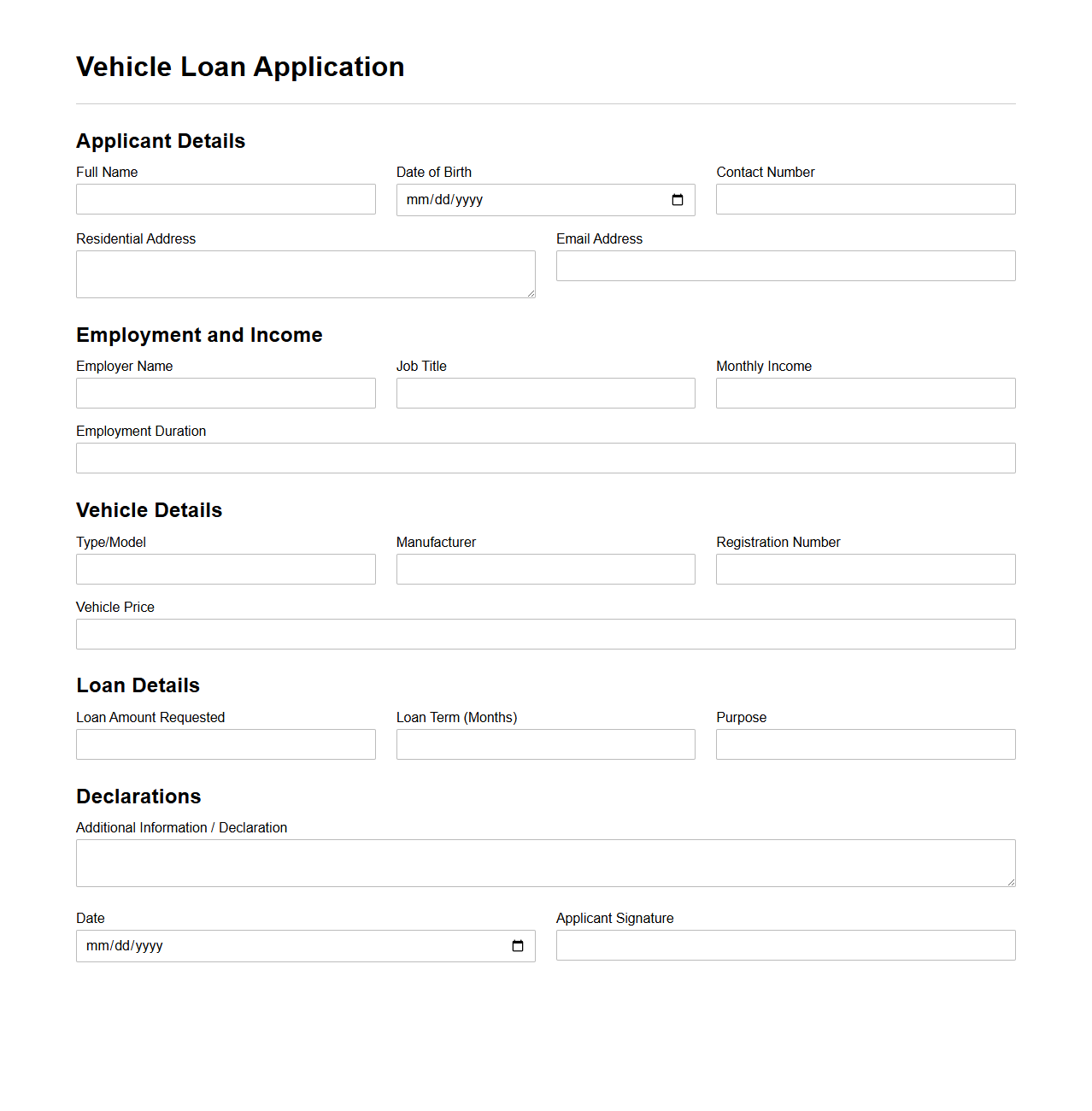 Vehicle Loan Application Document Format