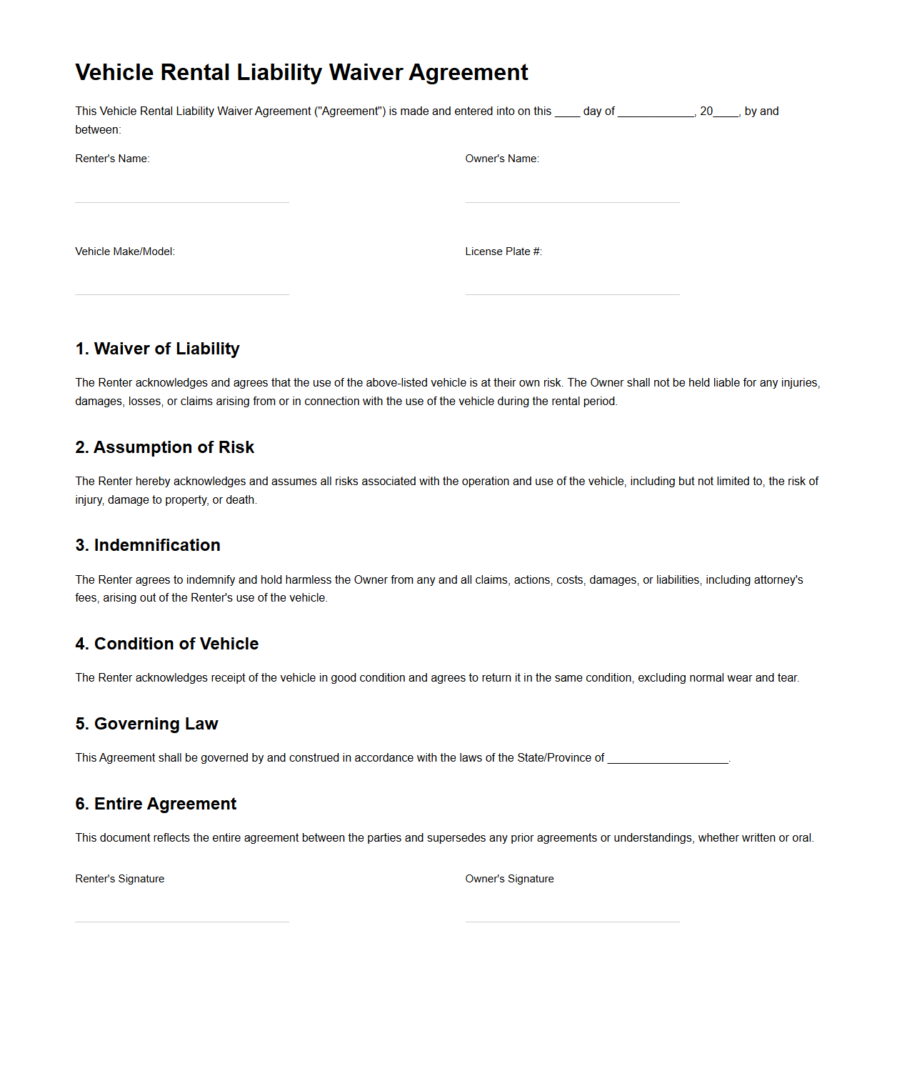 Vehicle Rental Liability Waiver Agreement