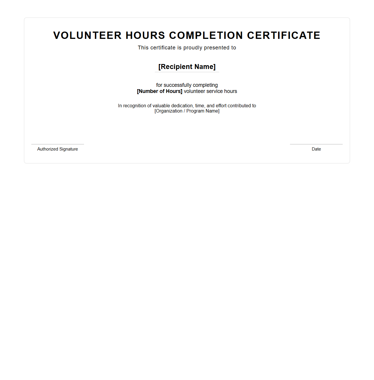 Volunteer Hours Completion Certificate