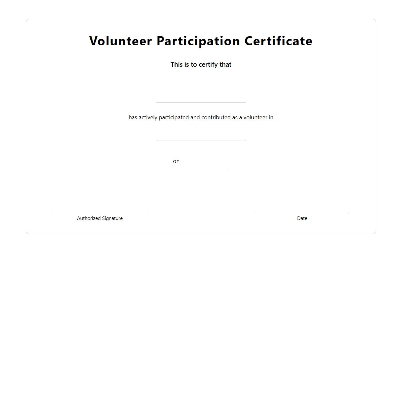 Volunteer Participation Certificate Layout