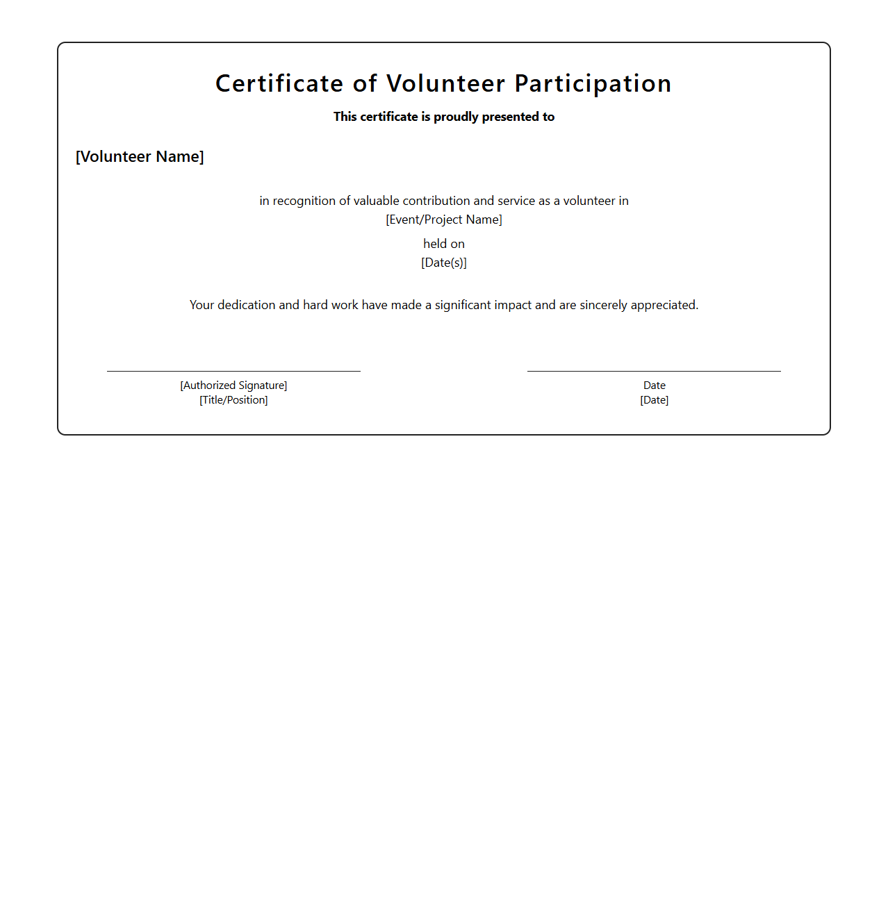 Volunteer Participation Certificate Template