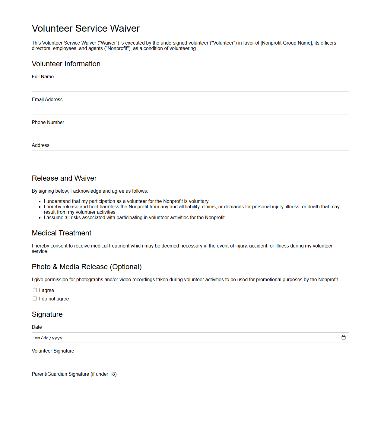 Volunteer Service Waiver Template for Nonprofit Groups
