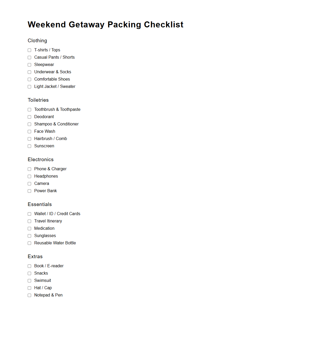 Weekend Getaway Packing Checklist