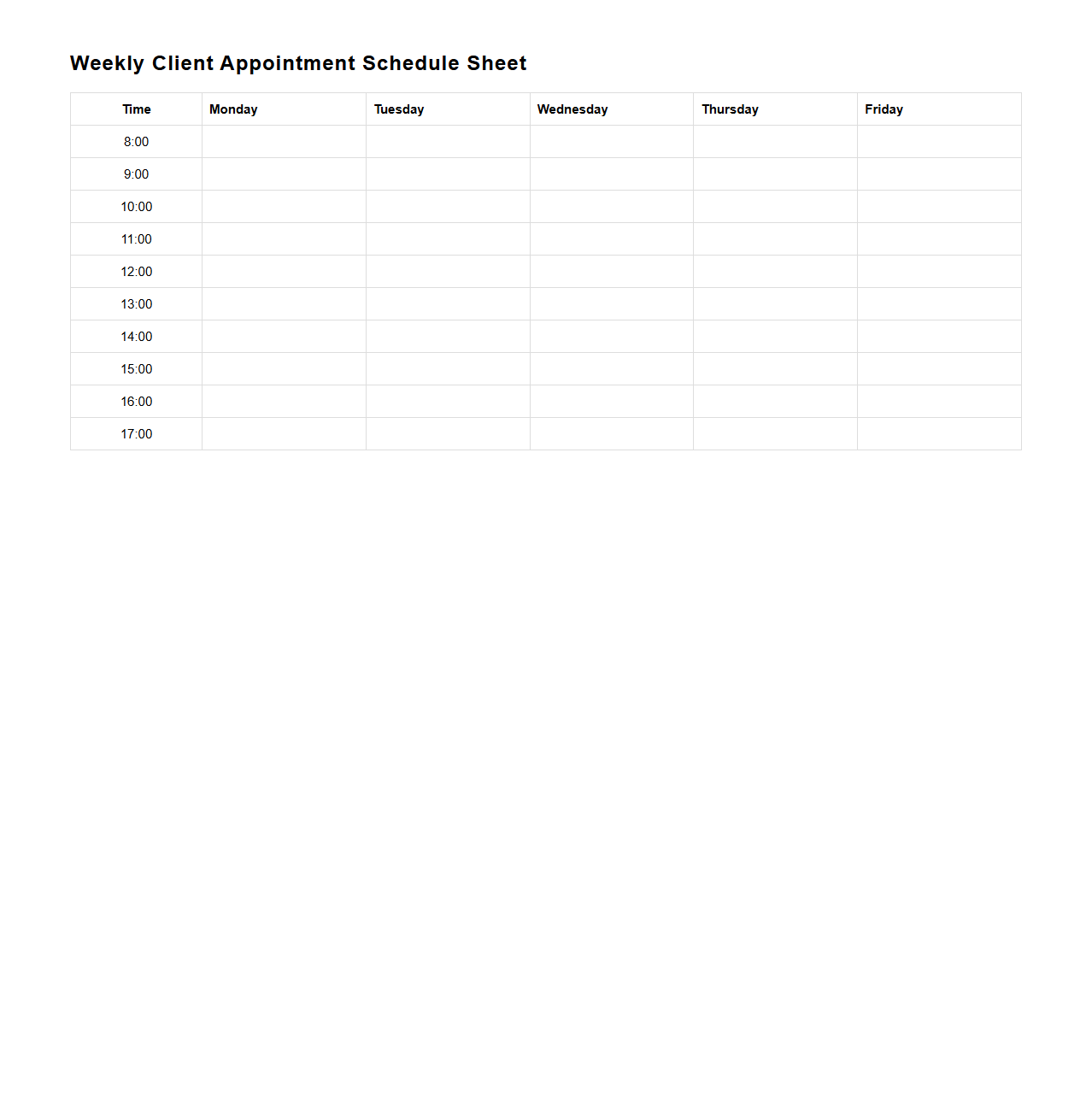 Weekly Client Appointment Schedule Sheet