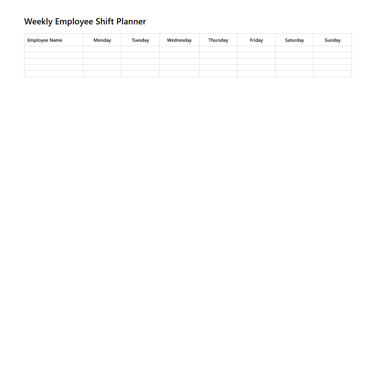 Weekly Employee Shift Planner Template