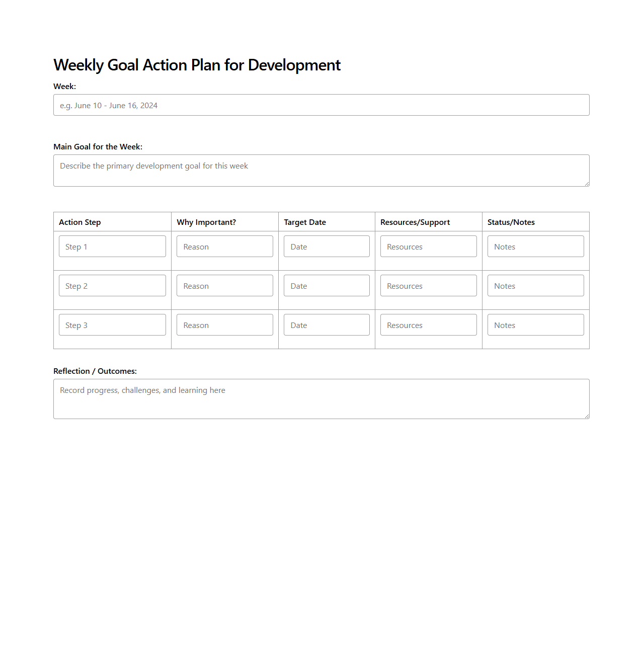 Weekly Goal Action Plan for Development