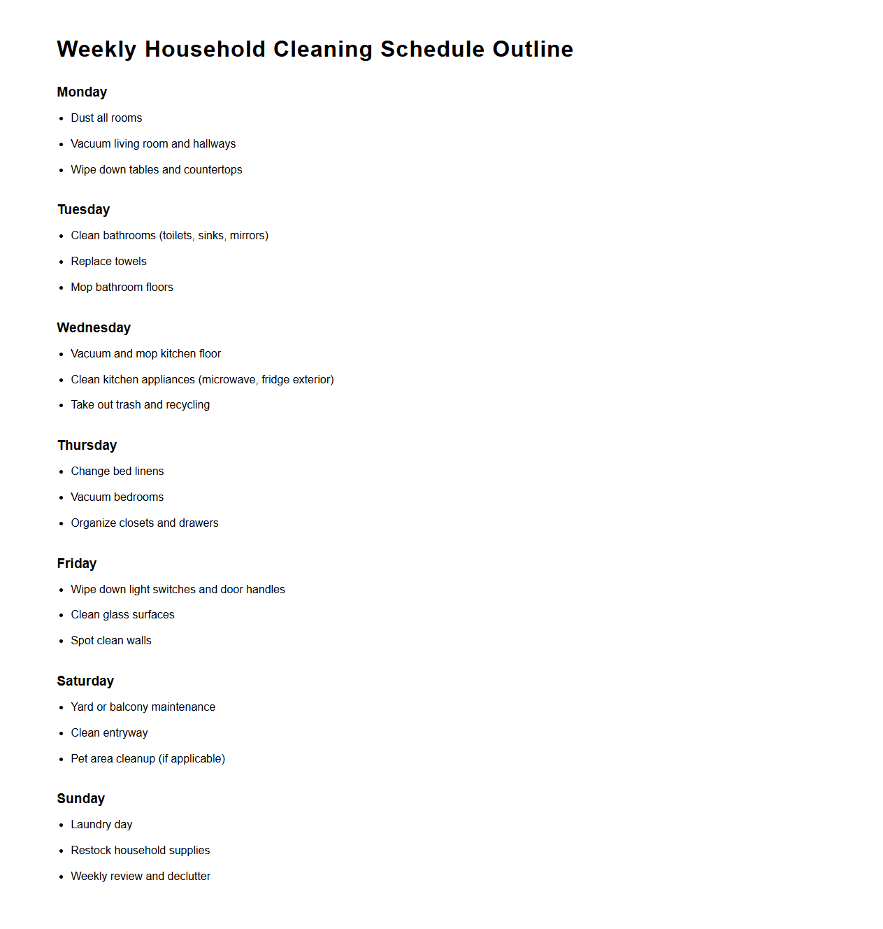 Weekly Household Cleaning Schedule Outline