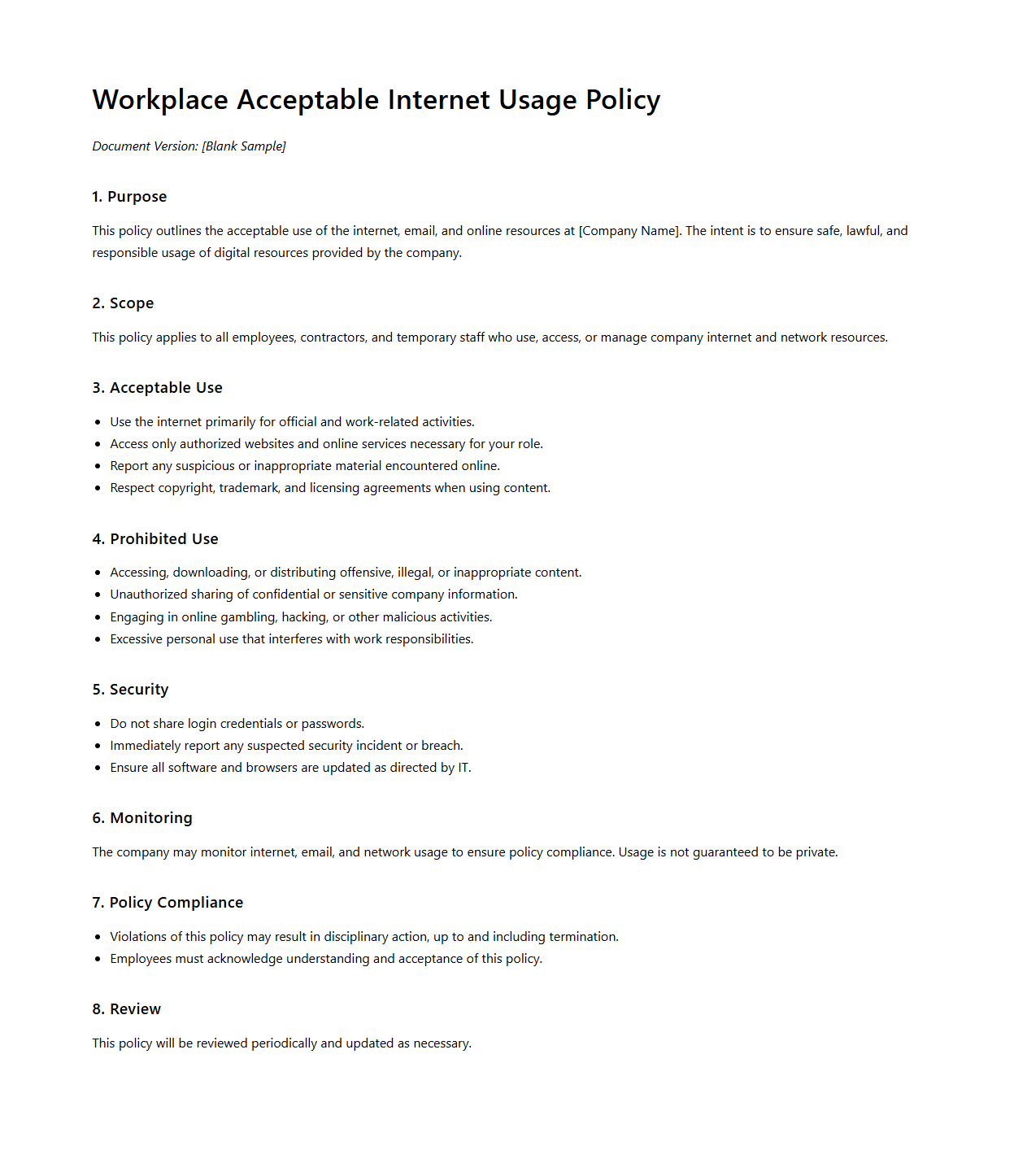 Workplace Acceptable Internet Usage Policy