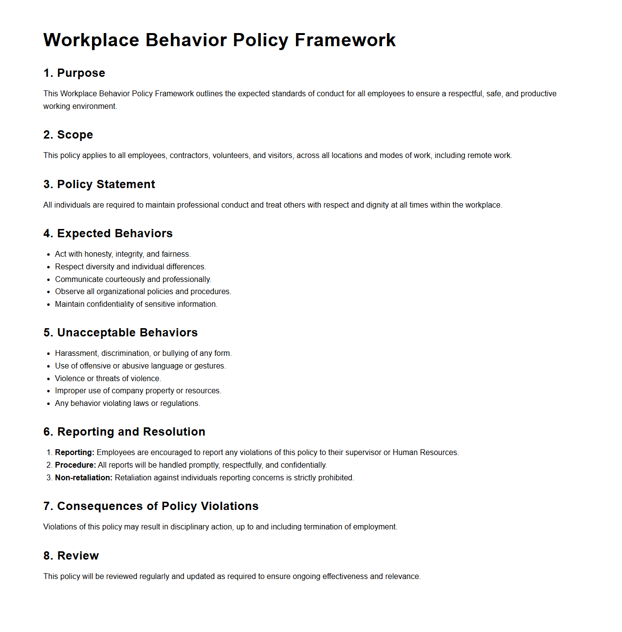 Workplace Behavior Policy Framework