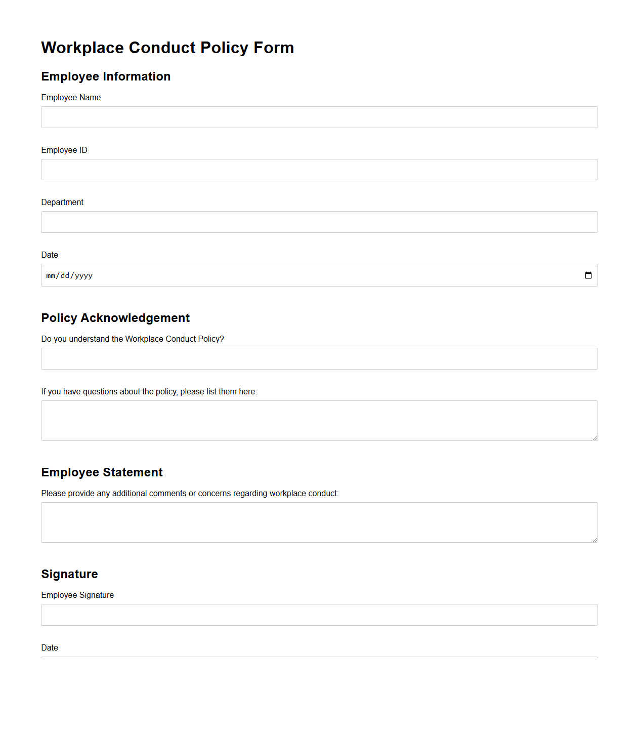 Workplace Conduct Policy Blank Form
