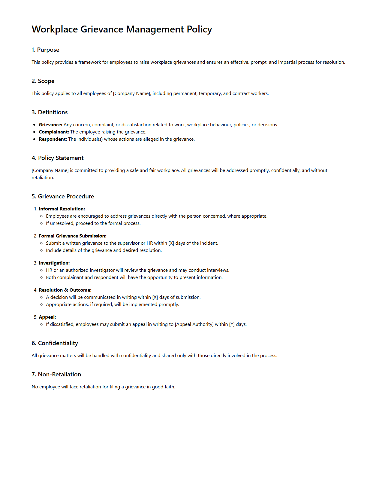 Workplace Grievance Management Policy Format