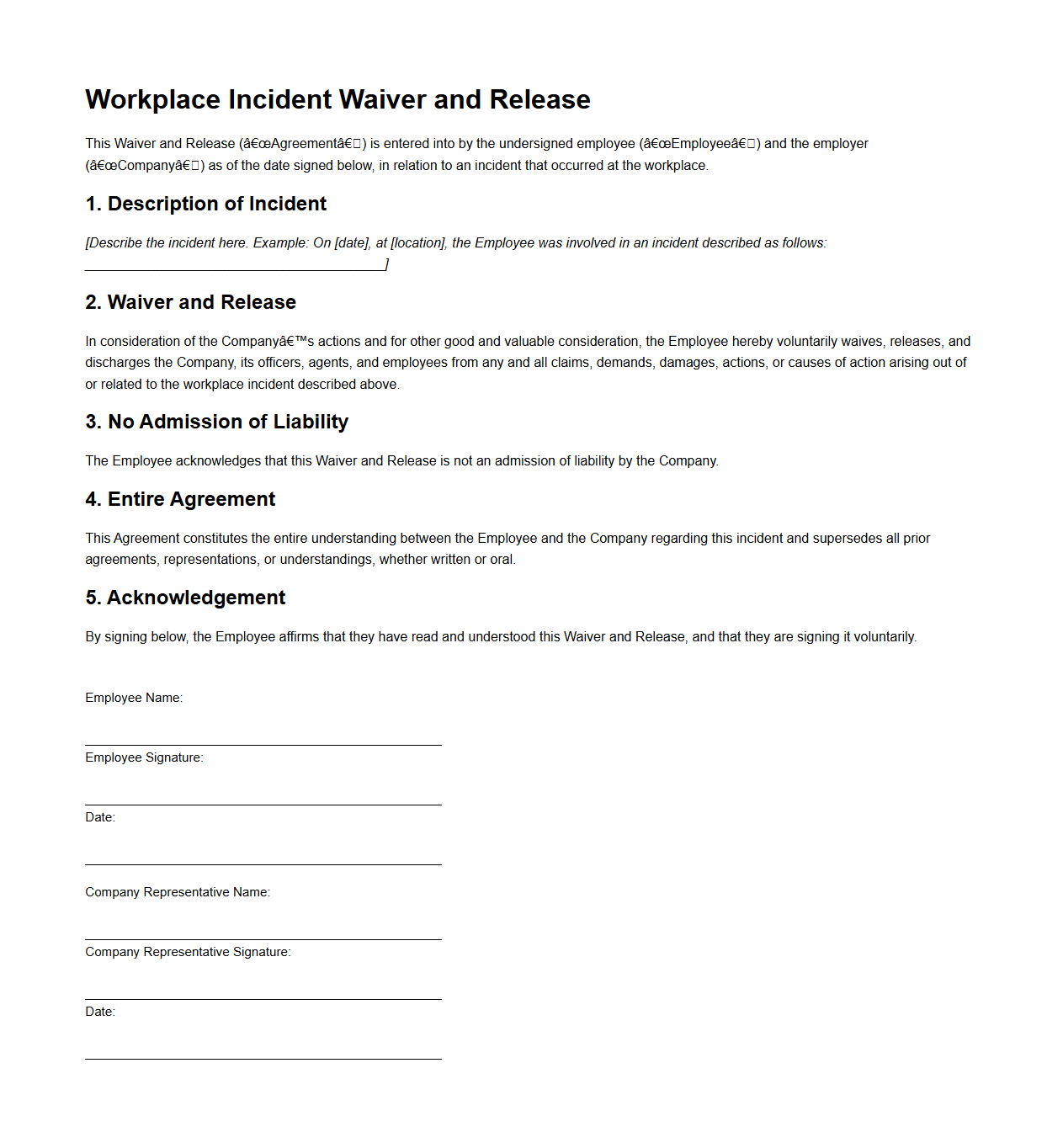 Workplace Incident Waiver and Release