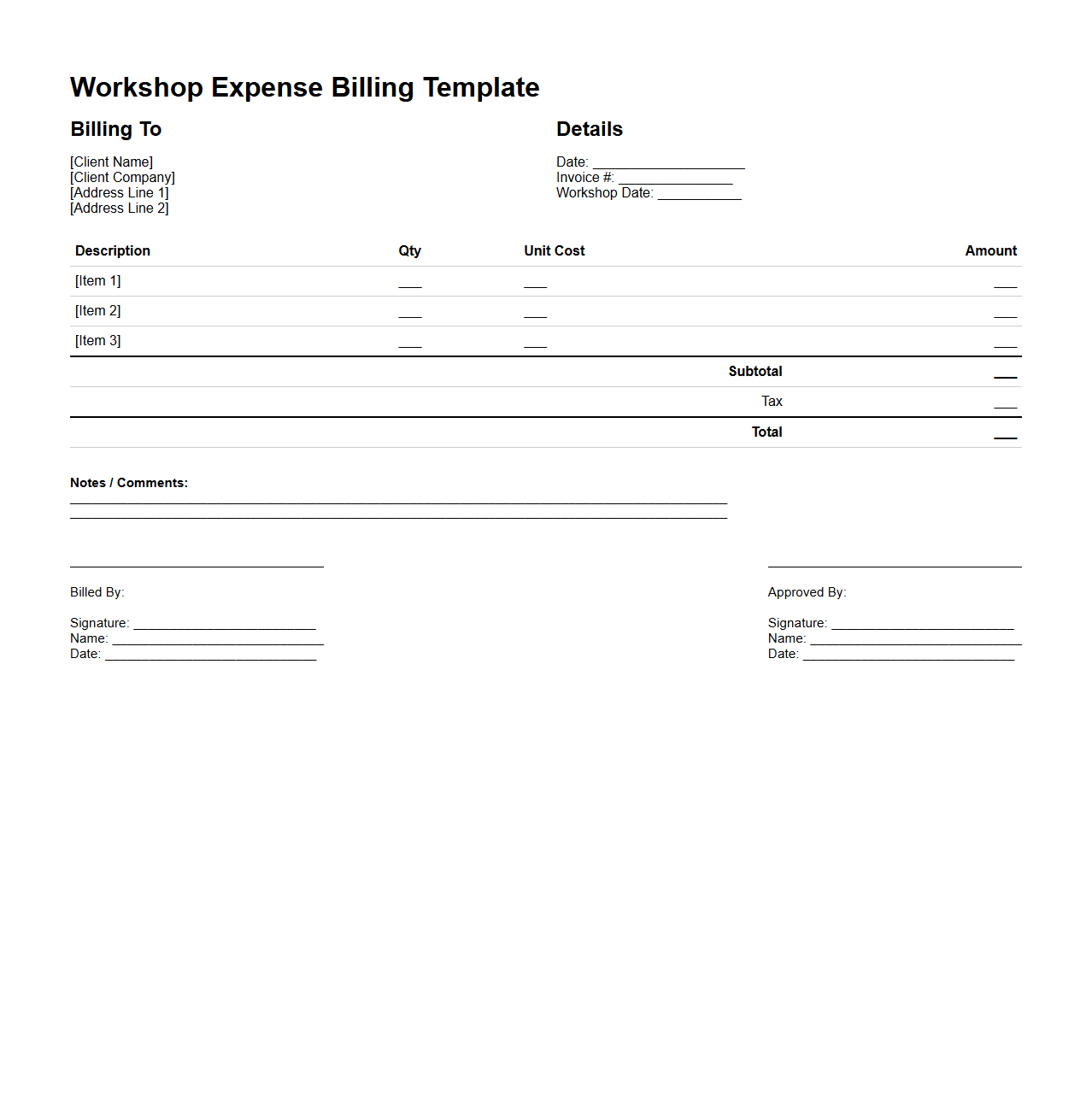 Workshop Expense Billing Template