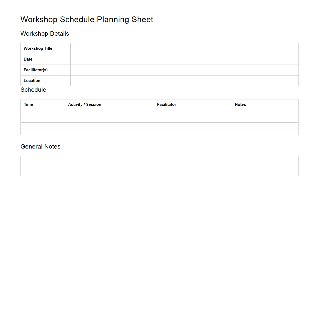 Workshop Schedule Planning Sheet