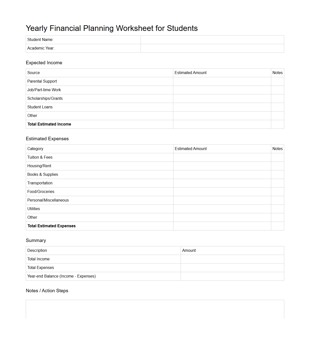 Yearly Financial Planning Worksheet for Students