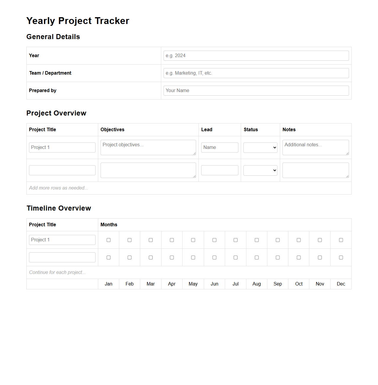 Yearly Project Tracker Blank Layout