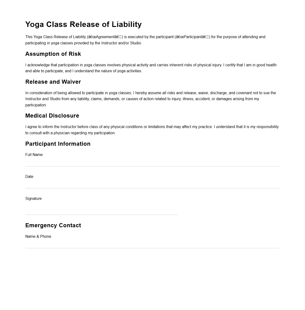Yoga Class Release of Liability Template