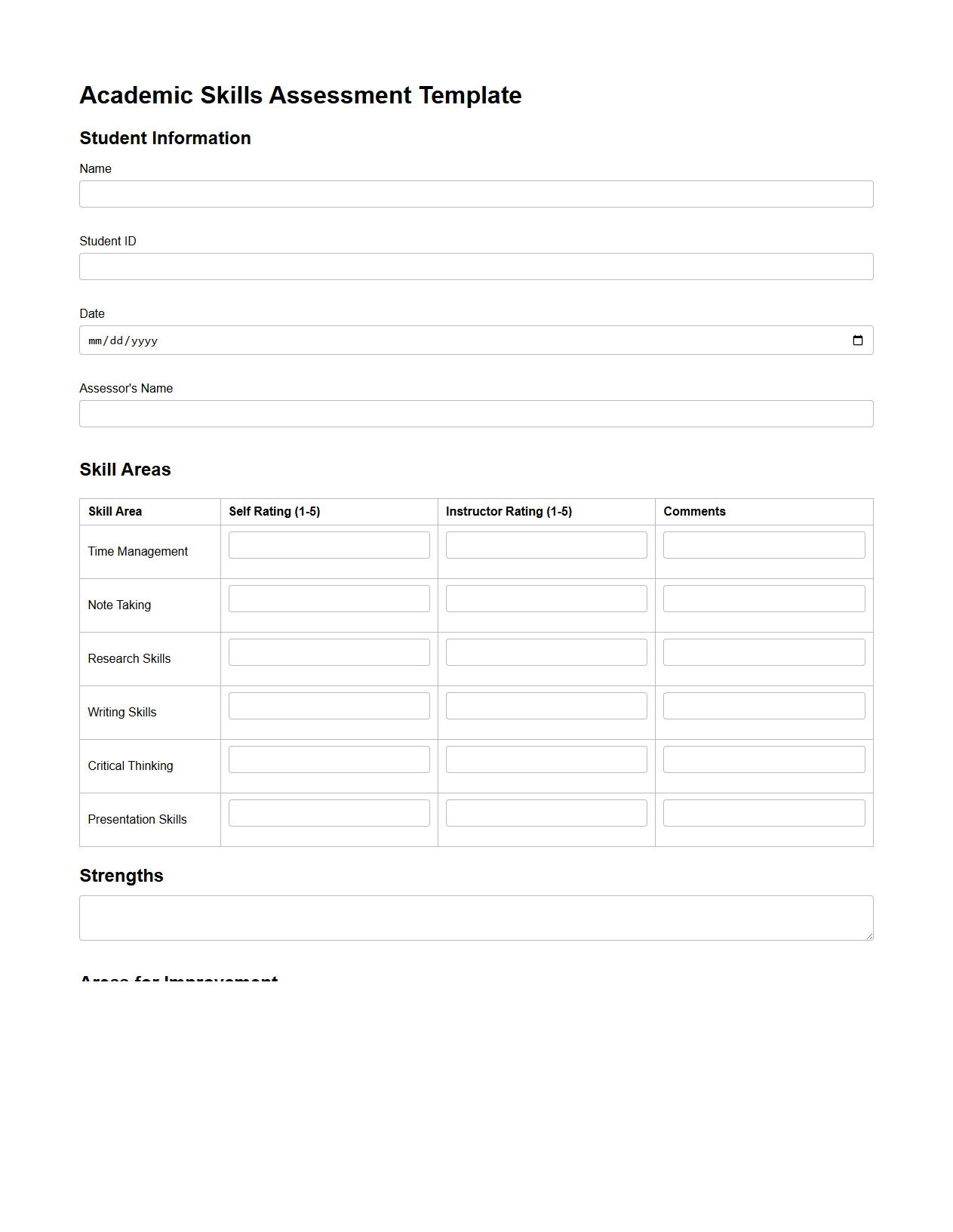 Academic Skills Assessment Template