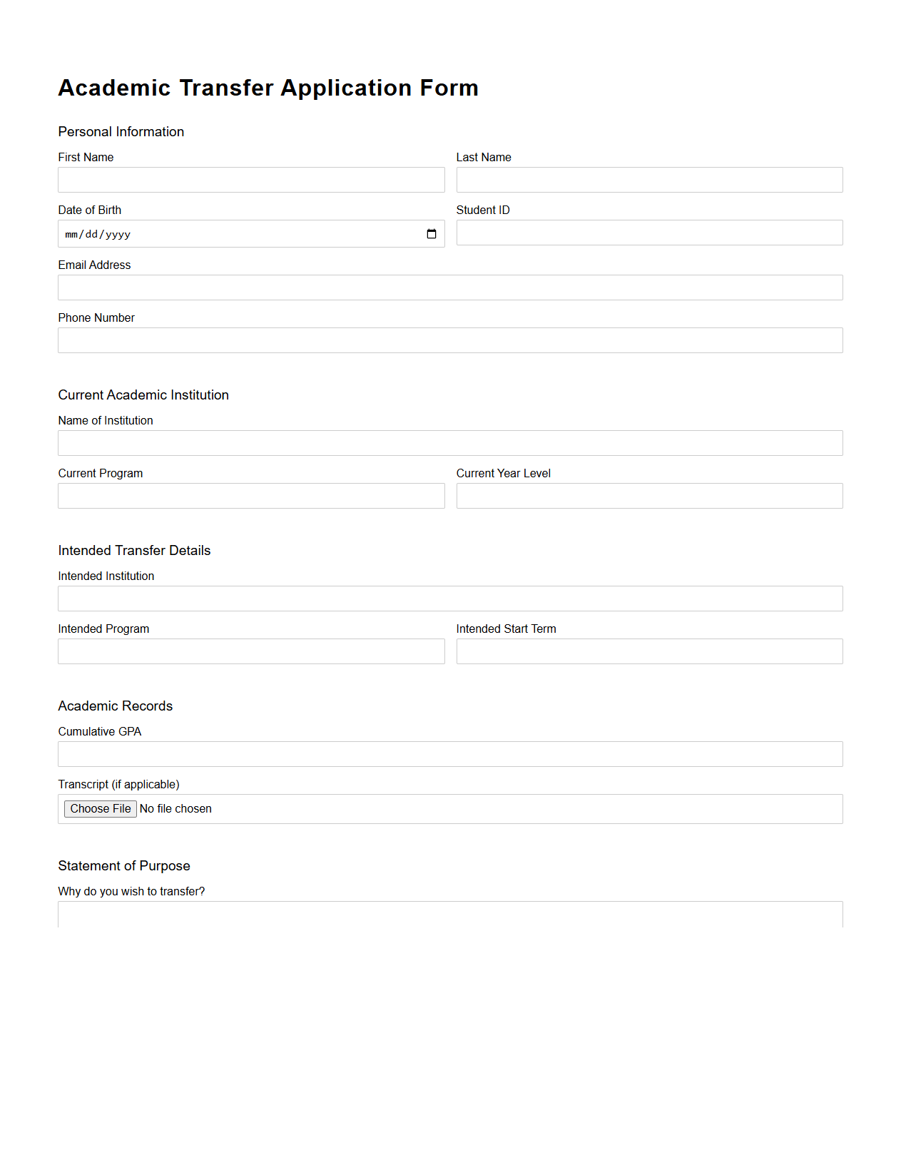 Academic Transfer Application Form Template