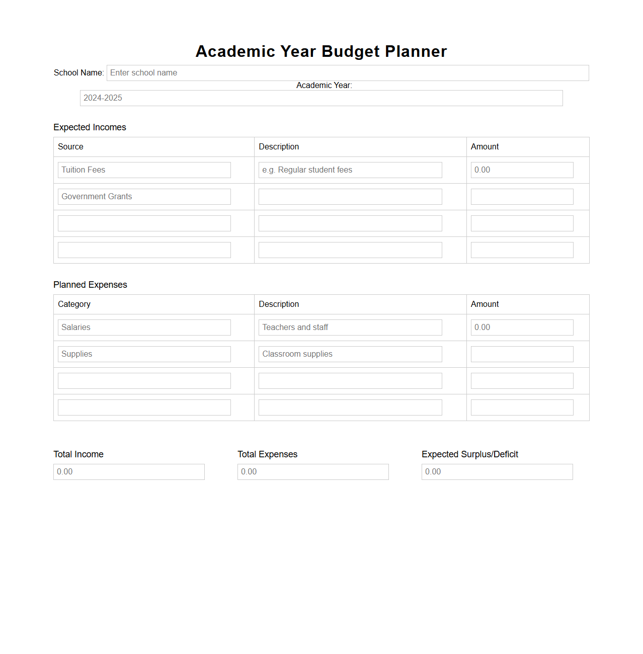 Academic Year Budget Planner for Schools