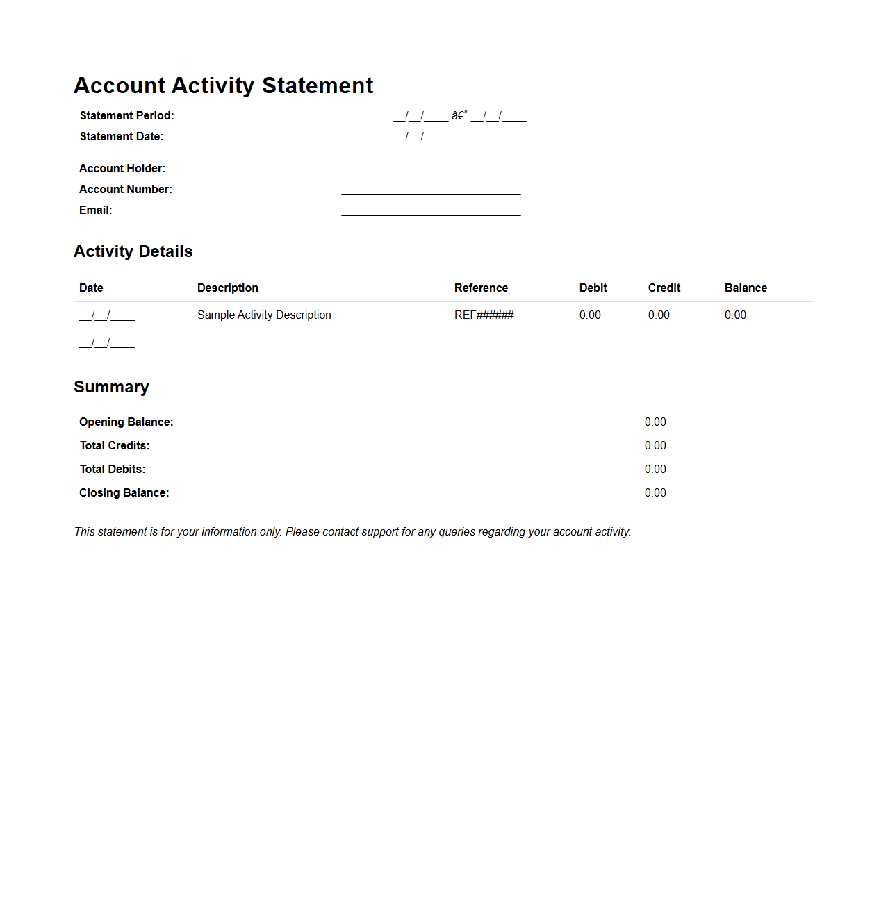 Account Activity Statement Template