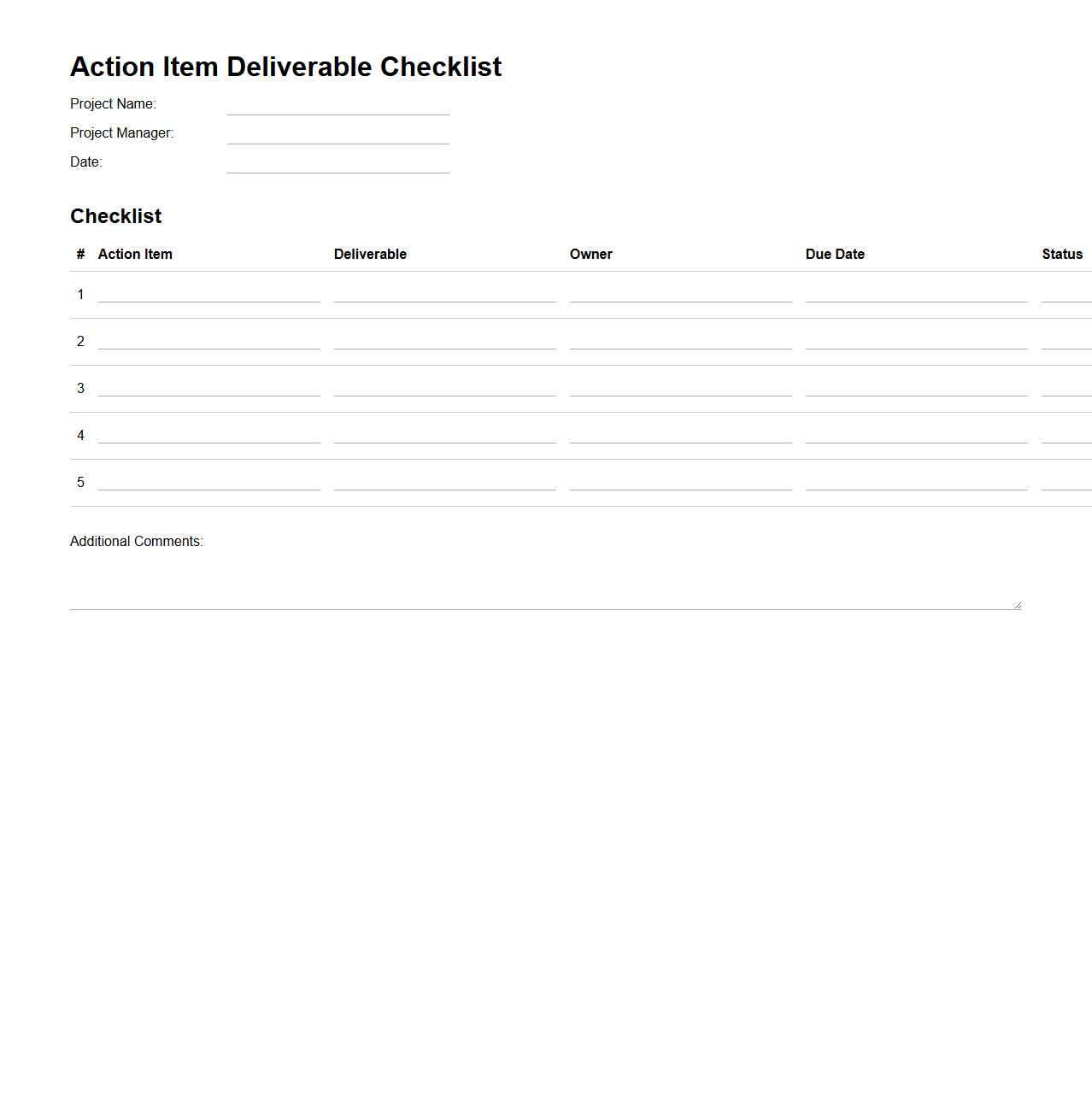 Action Item Deliverable Checklist for Projects