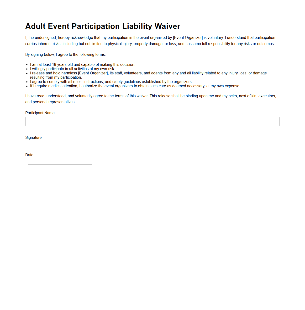 Adult Event Participation Liability Waiver