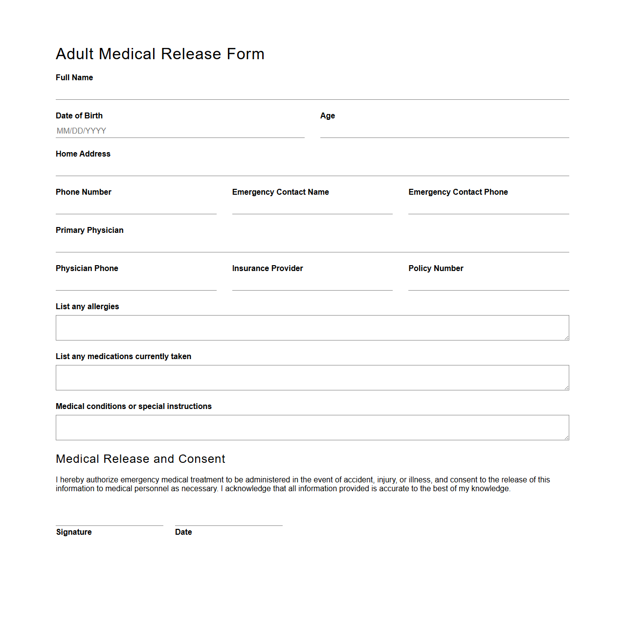 Adult Medical Release Form Template