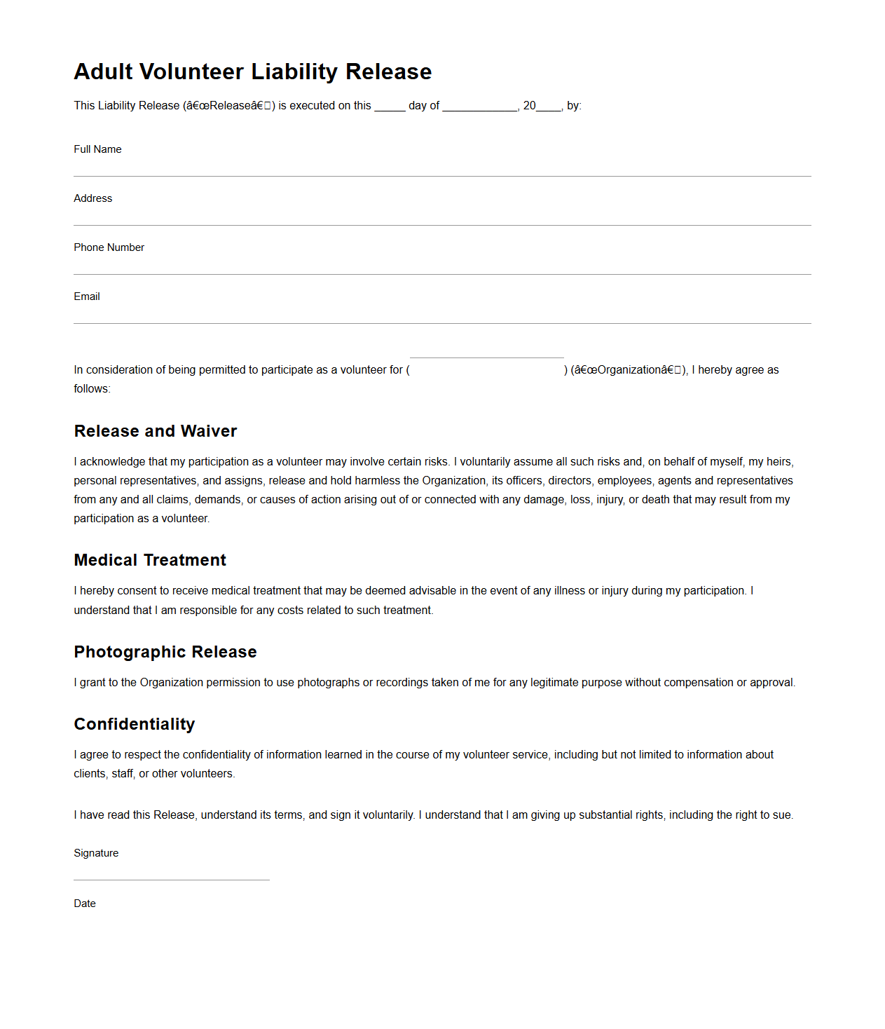 Adult Volunteer Liability Release Template