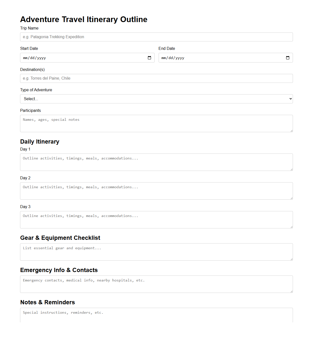 Adventure Travel Itinerary Outline Form