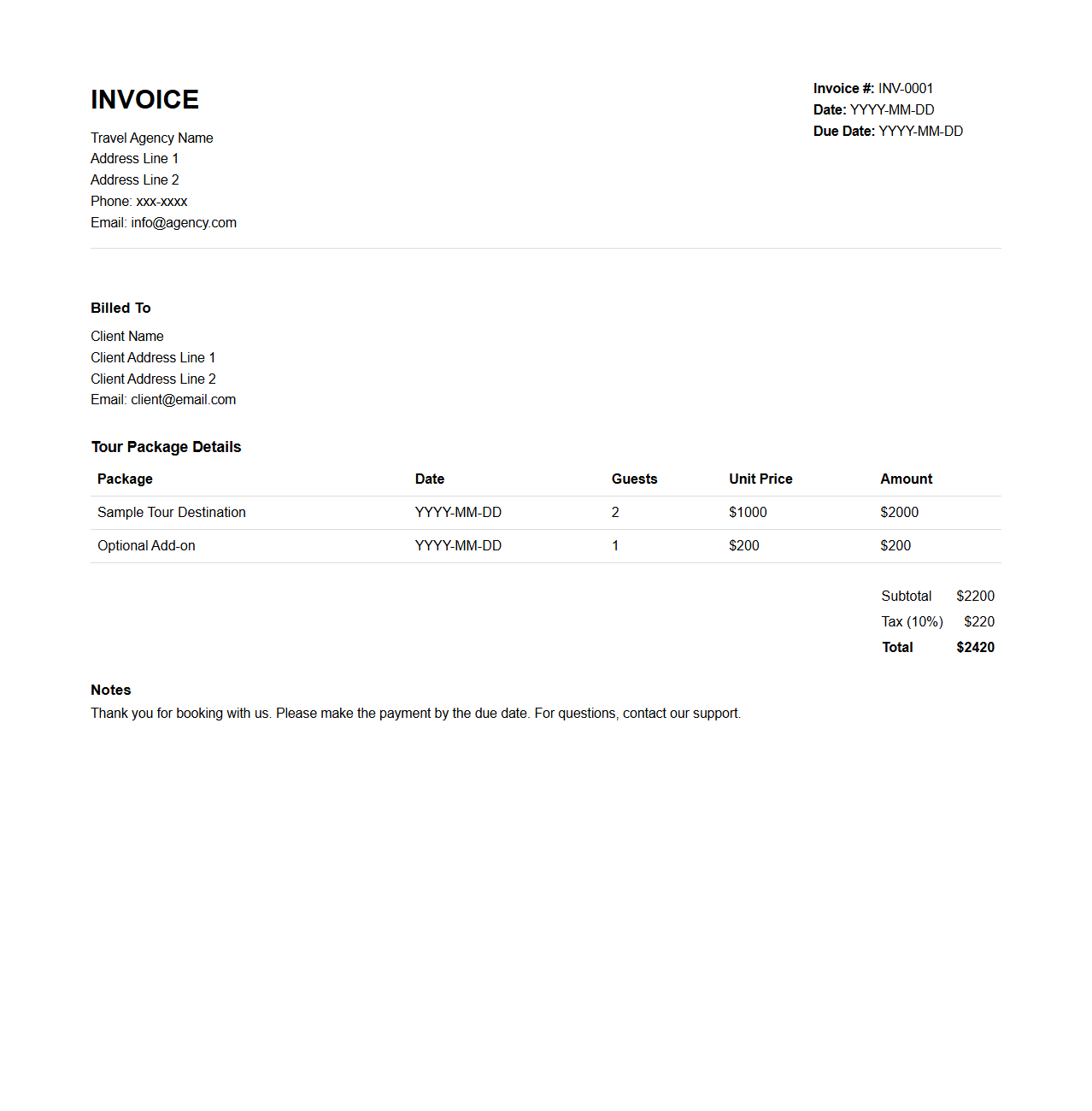 Agency Tour Package Invoice Layout